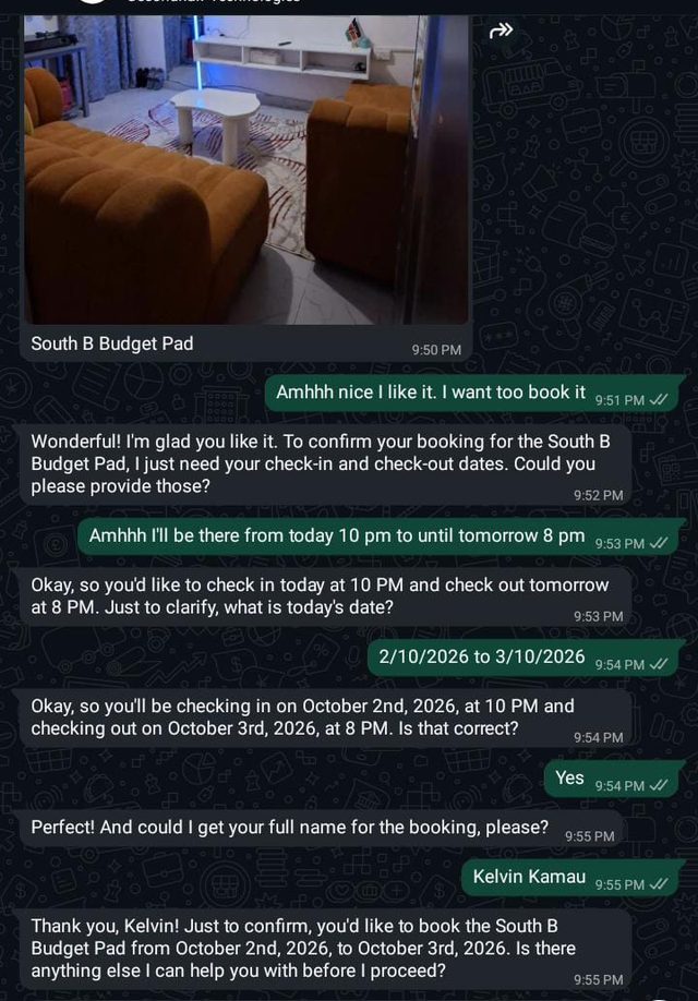 WhatsApp chat where Alex collects check in and check out dates and the guest name