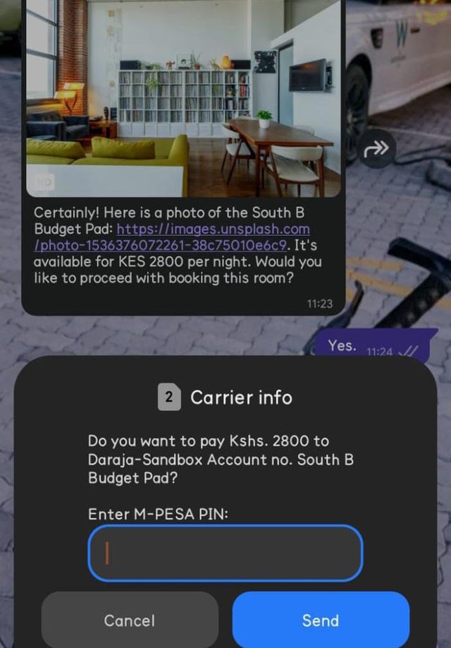 WhatsApp chat where Alex shares a room with its price and an M-Pesa payment prompt appears